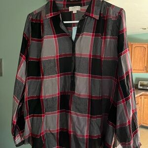 Loft Women’s Black, Grey, Red and Gold Plaid 3/4 Button Shirt